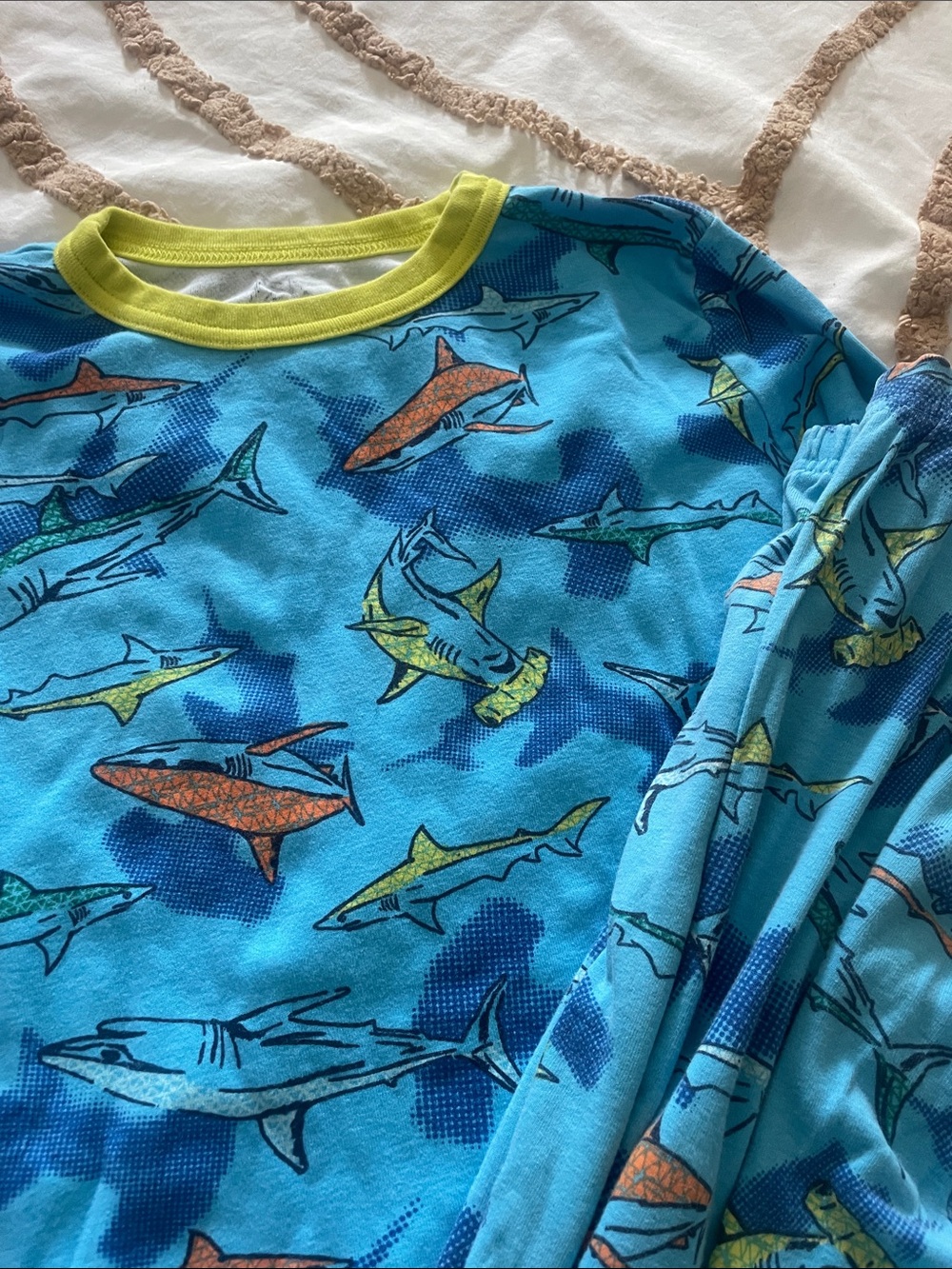 Lands' End Blue Shark-Print Rashguard with Lime Trim